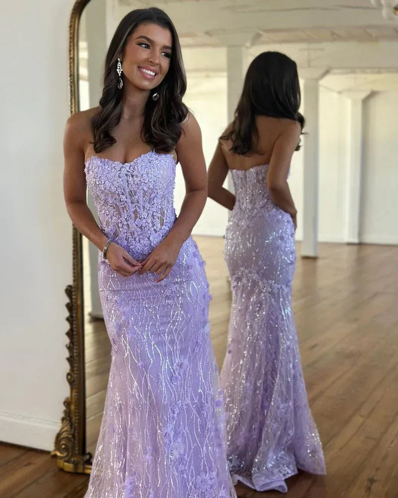 3D Floral Lace Mermaid Strapless Sweetheart Zip Back Train Prom Gown