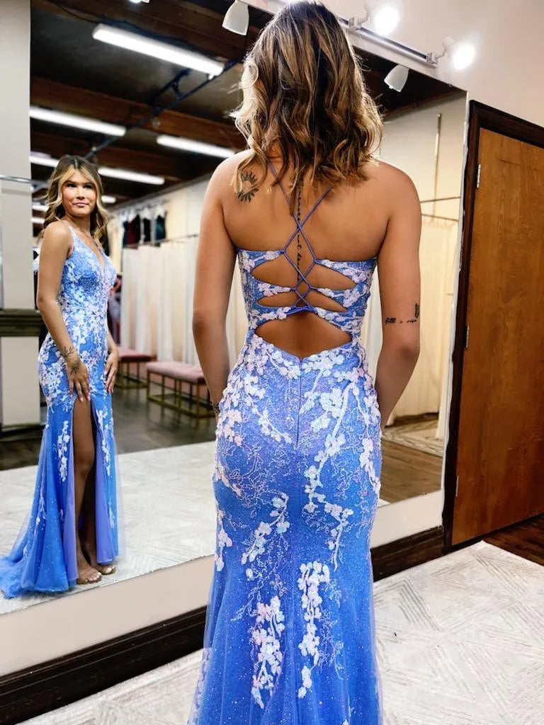 3D Floral Mermaid Thin Strap V Cutout Crisscross Lace-Up Slit Train Prom Gown