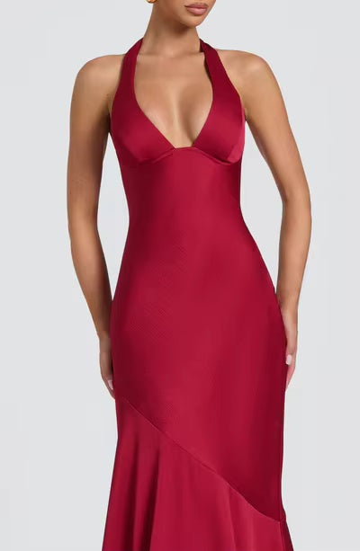 Satin Halter Neck Deep V Mermaid Evening Gown with Lace-Up Back & Train