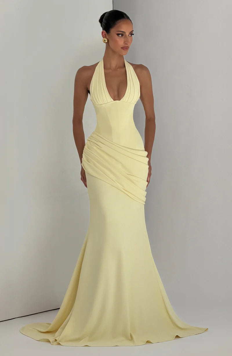 Elegant Bodycon Ruched Waist Halter Deep V-Neck Corset Back Mermaid Gown