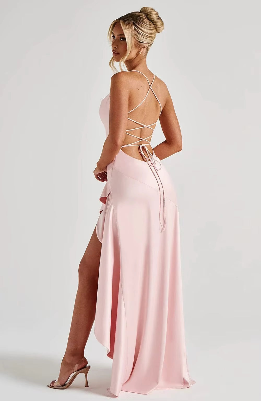 Satin Cowl Neck High Slit Maxi Dress with Lace-Up Back - Formal Evening Gown