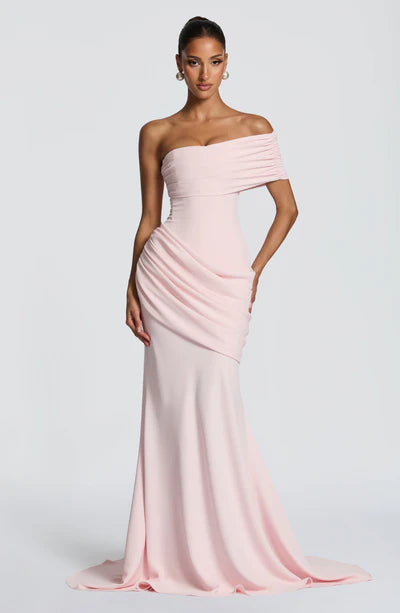 Asymmetrical Off-Shoulder Ruched Corset Back Mermaid Formal Dress with Train