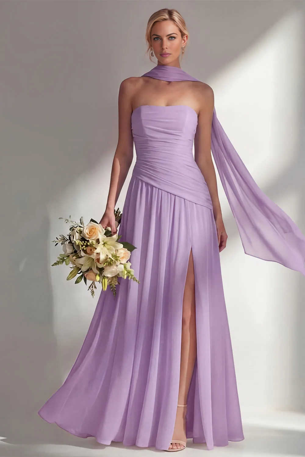 Elegant A-line Strapless Sleeveless Chiffon Floor-Length Ruched Bridesmaid Dress