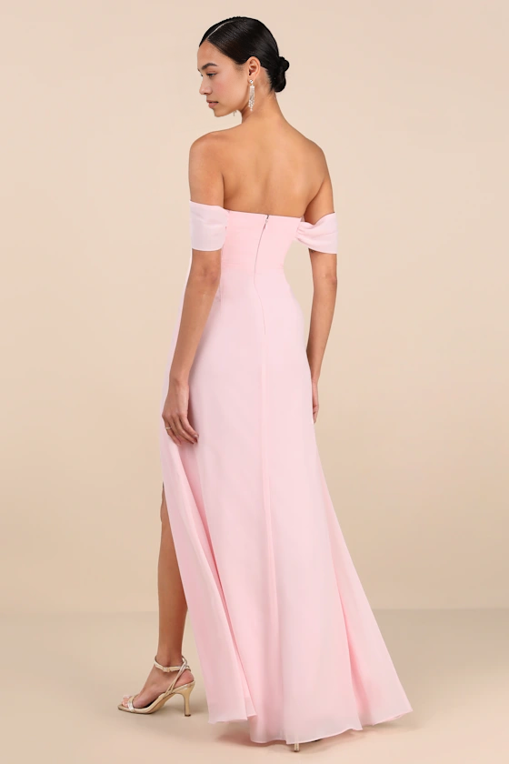 A-Line Straight Neck Off Shoulder Chiffon Floor Length Slit Bridesmaids Dress