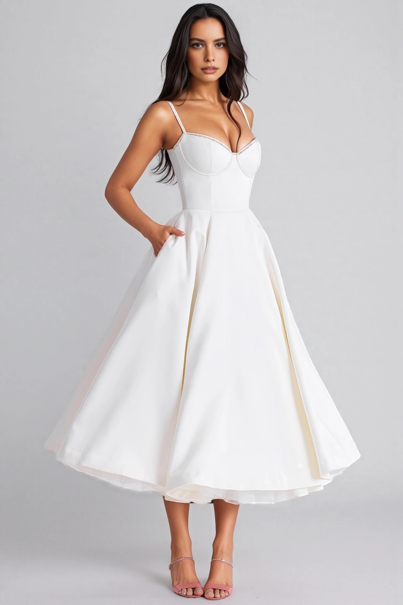 A-Line Sweetheart Neck Satin Midi Evening Dress With Tulle