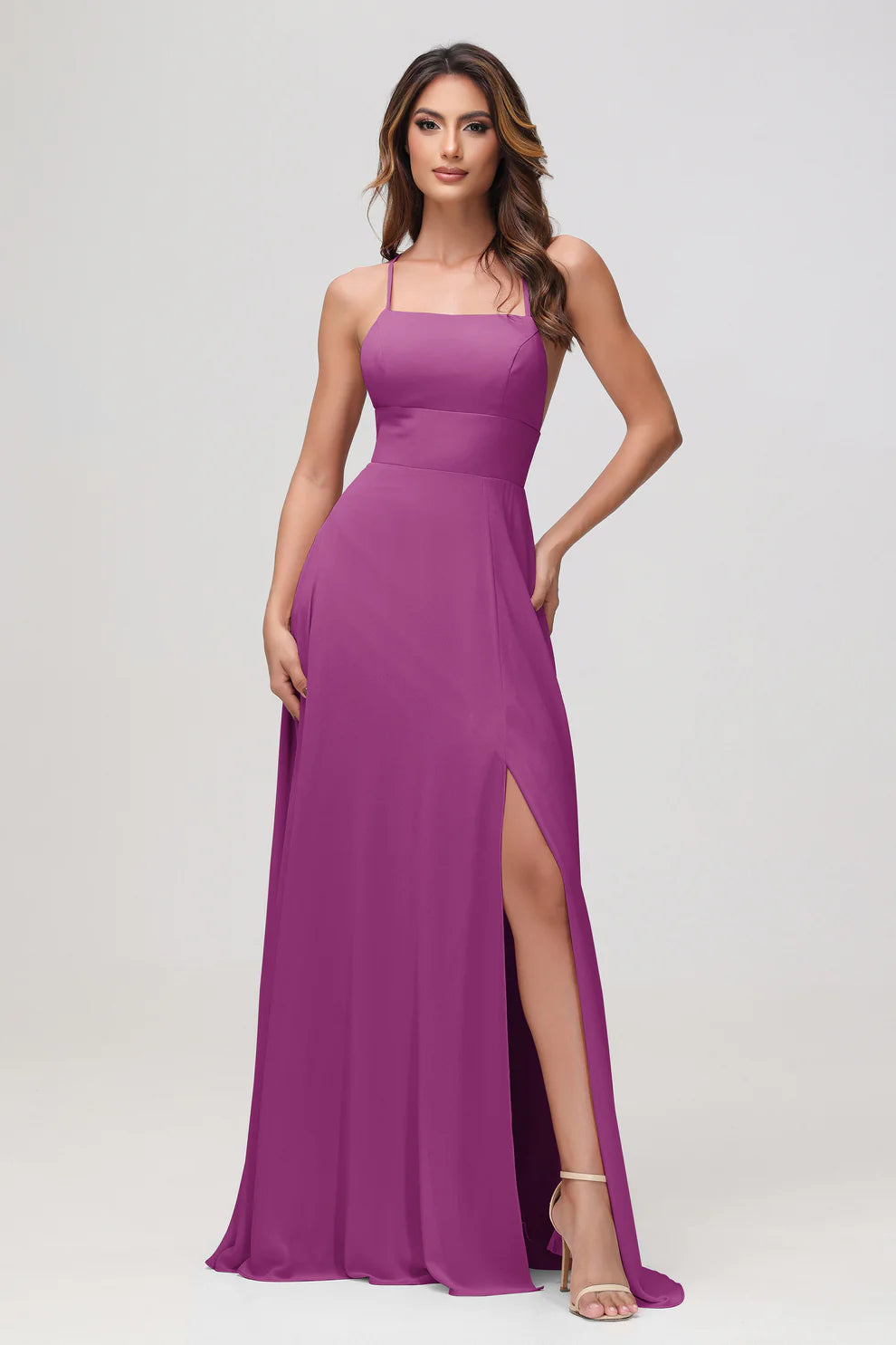 Charming A-Line Square Neck Sleeveless Chiffon Floor-Length Slit Bridesmaid Dress