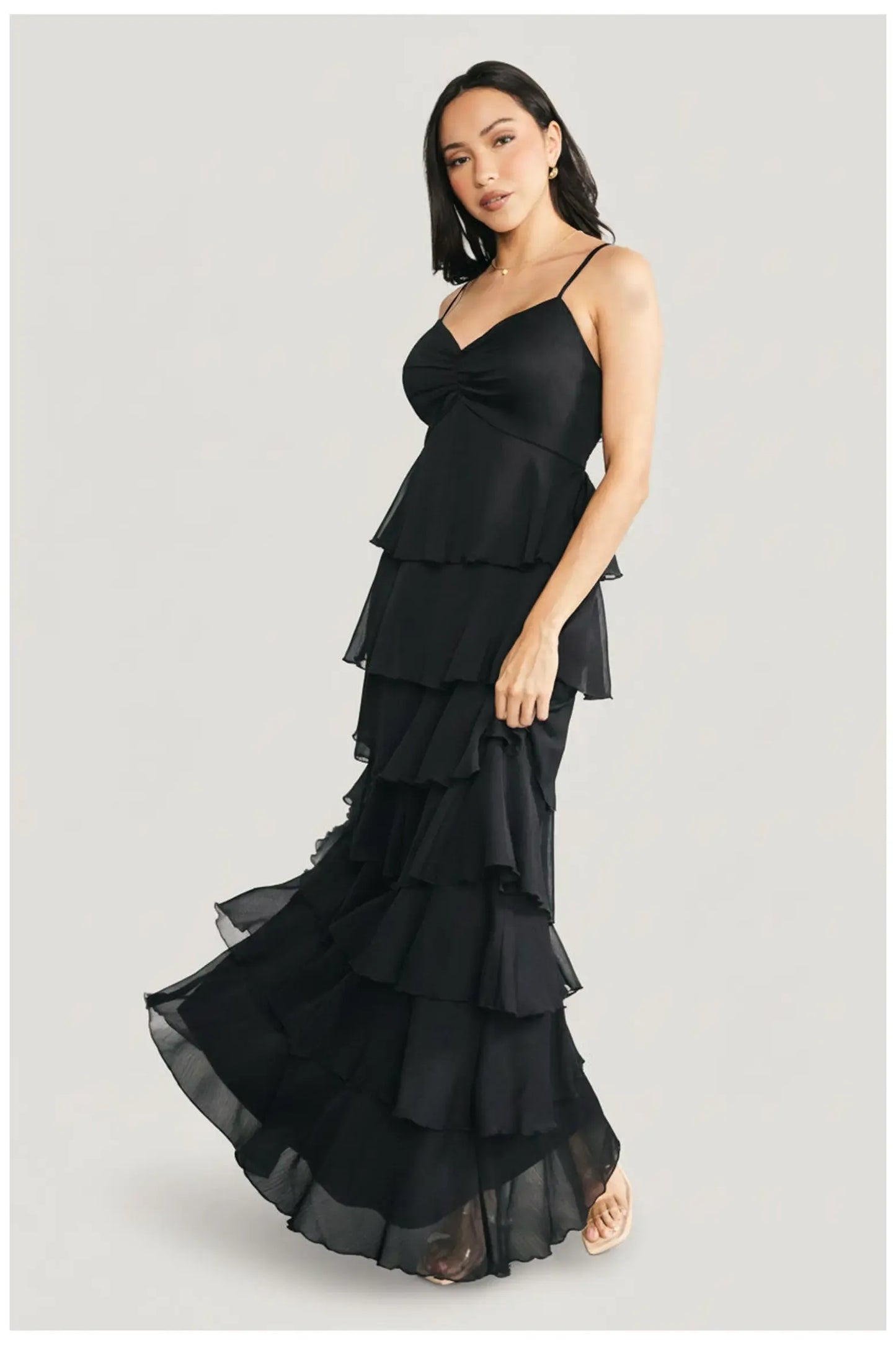 Chiffon Tiered Maxi Sweetheart Thin Strap Smocked Back Wedding Guest Dress