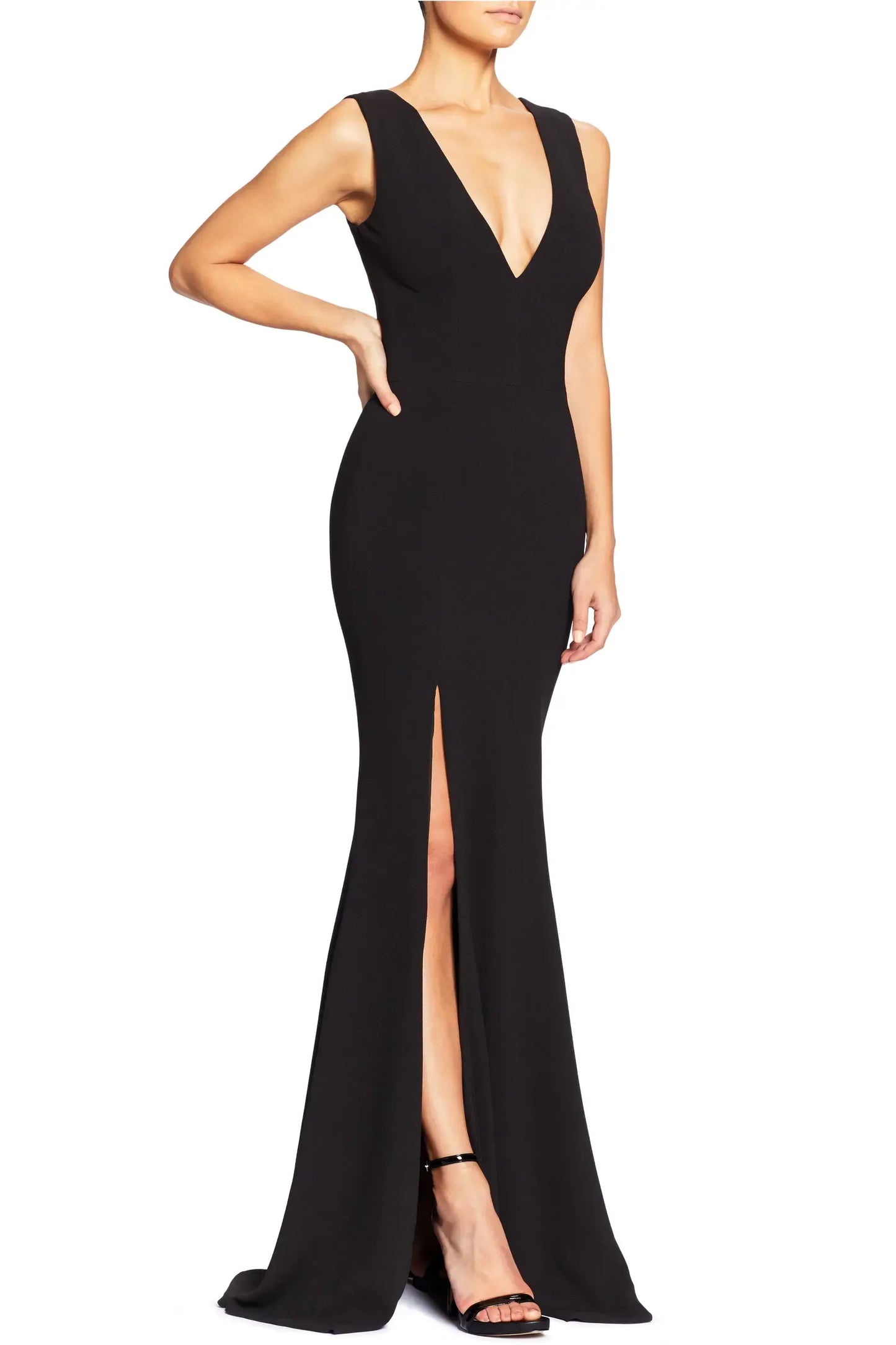 Crepe Mermaid Maxi Sleeveless Deep V Zip Back Slit Formal Gown