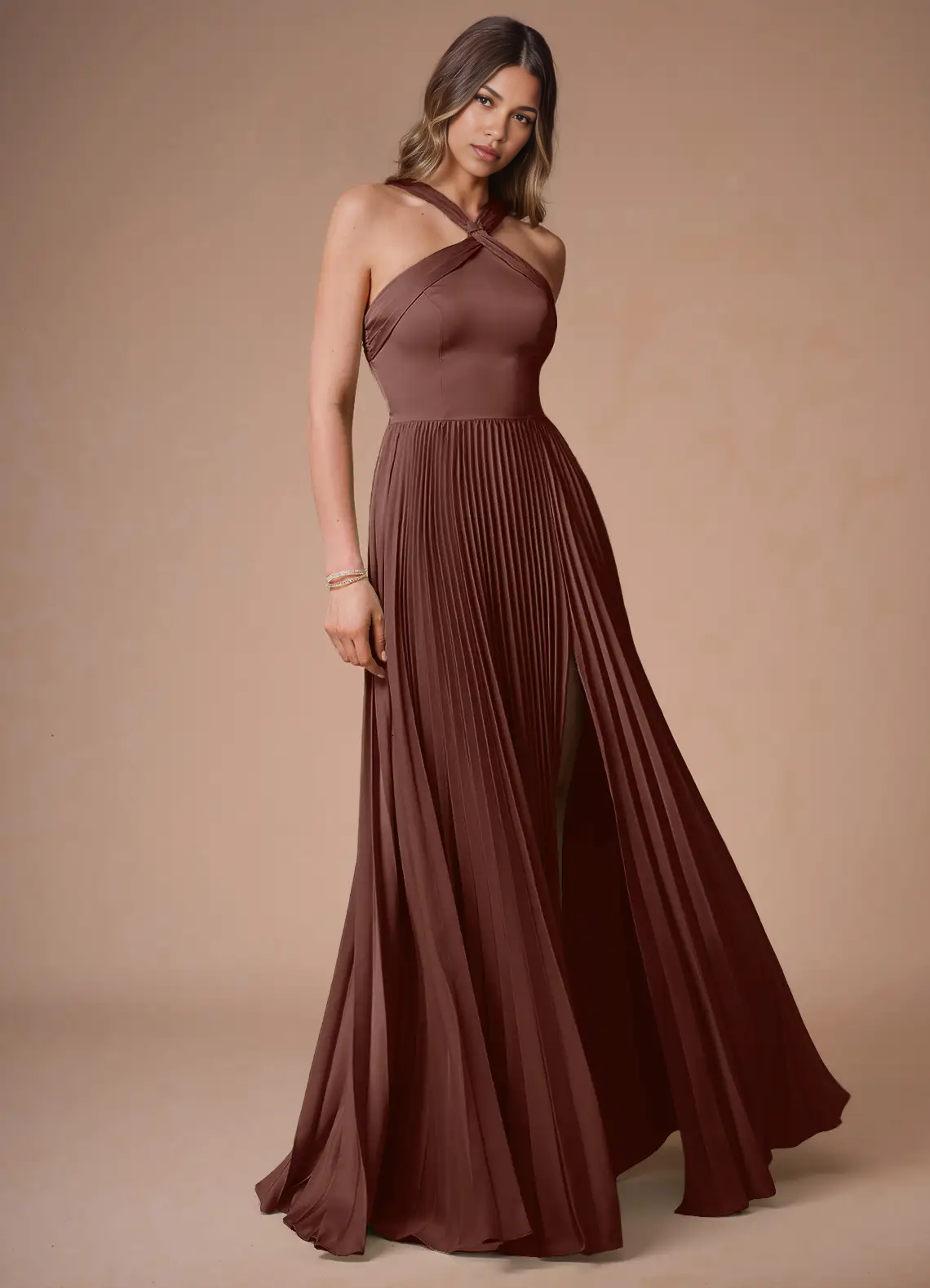 Elegant A-Line Halter Sleeveless Satin Floor-Length Pleated Cutout-Back Wedding Guest Dress