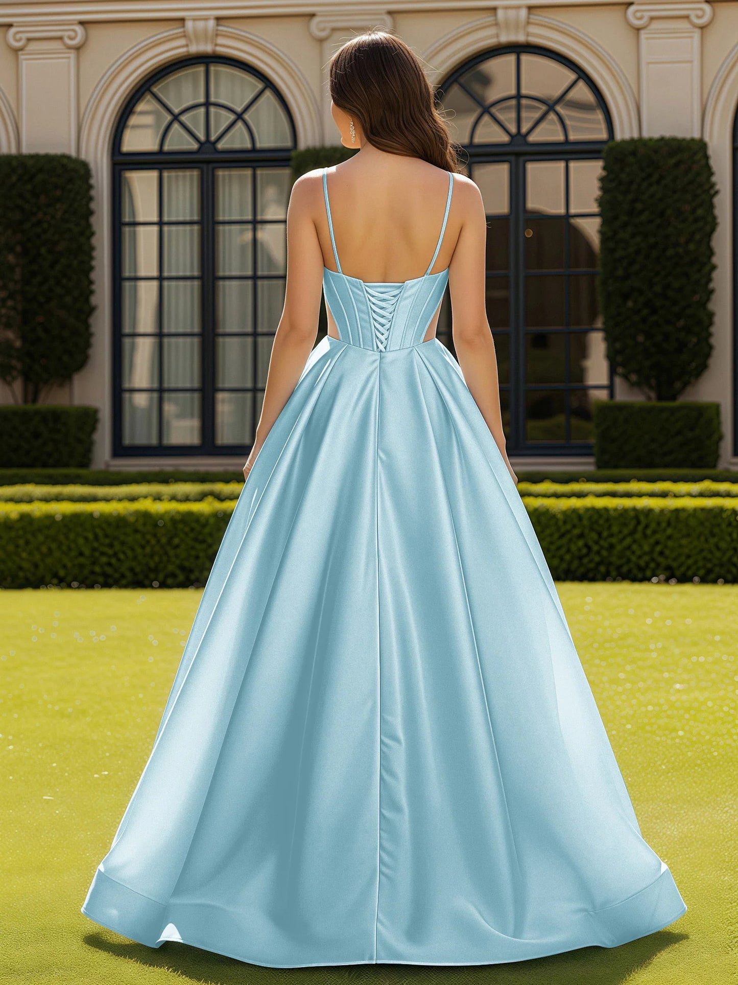 Elegant A-Line Spaghetti Strap Sleeveless Satin Floor-Length Corset Prom Dress