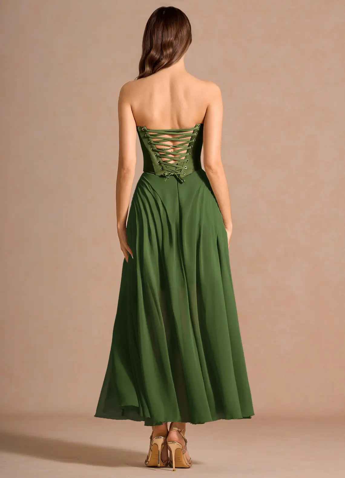Elegant A-Line Strapless Sleeveless Satin-Chiffon Midi Cocktail Dress Corset-Back Wedding Guest Dress