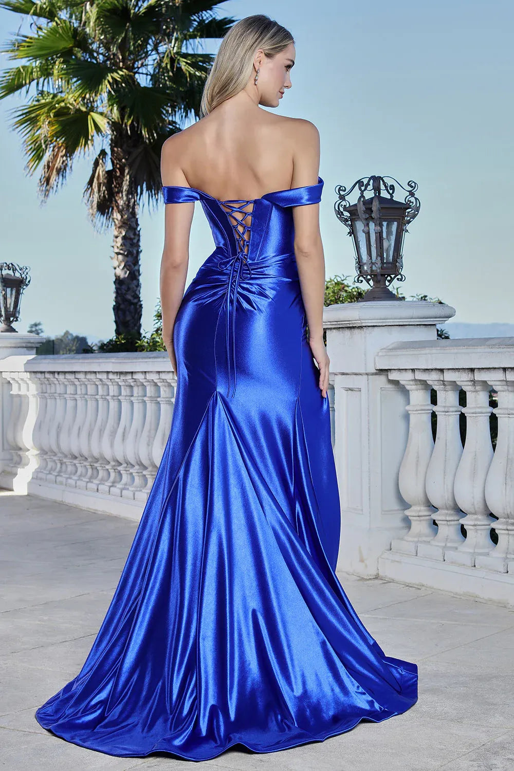 Elegant Mermaid Off-the-Shoulder Sleeveless Satin Floor Length Lace-up Slit Evening Gown