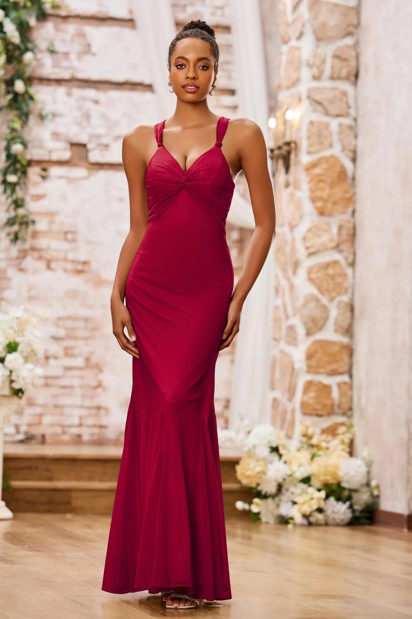 Elegant Mermaid V-Neck Spaghetti-Strap Floor-Length Knotted Bow Prom Dress