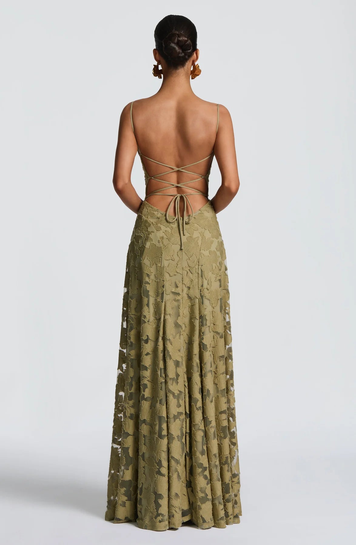 Floral Lace A-Line Maxi Prom Dress With Lace-Up Back And Spaghetti Straps