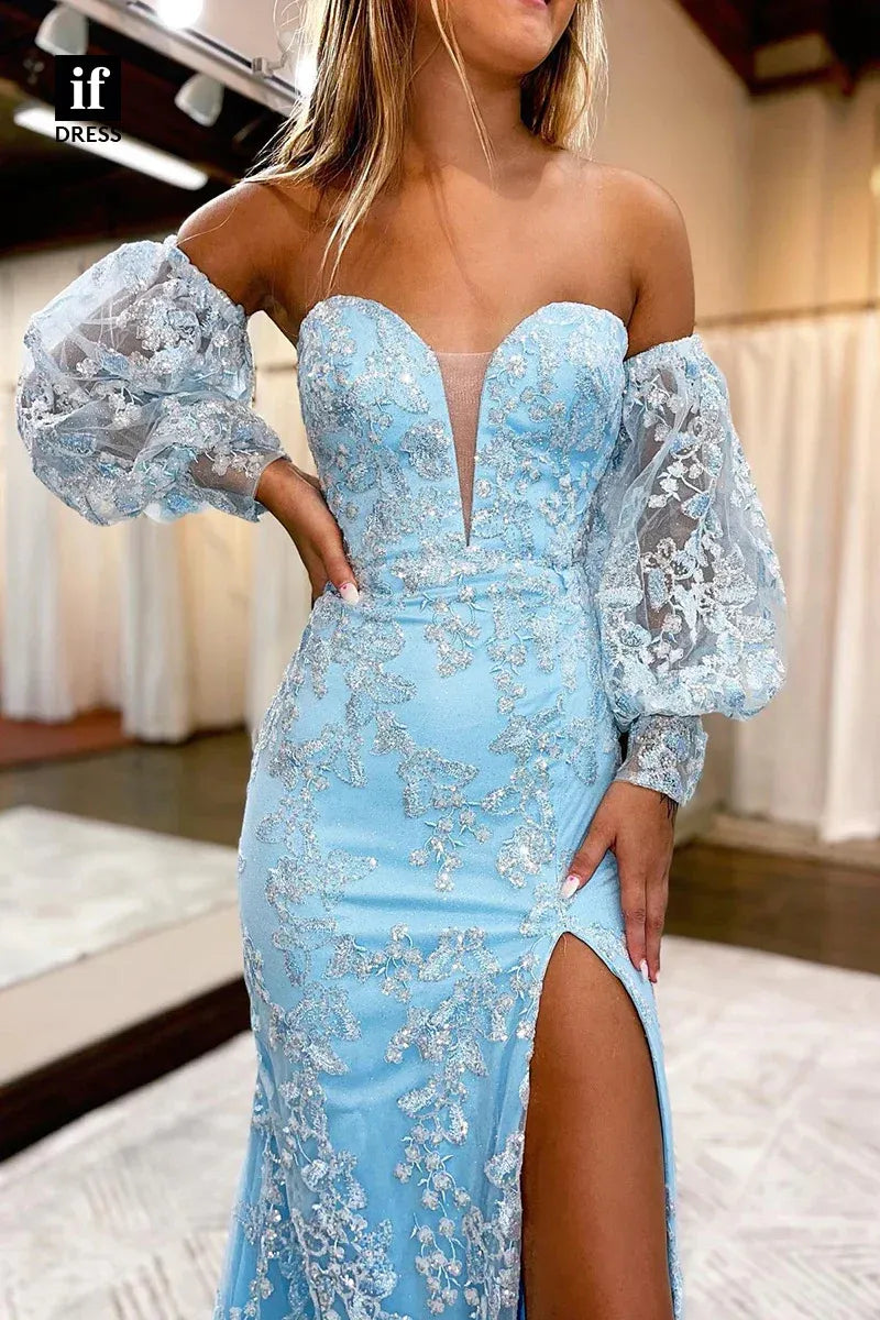 Floral Lace Mermaid Strapless Off Puff Sleeve Keyhole Slit Train Prom Gown