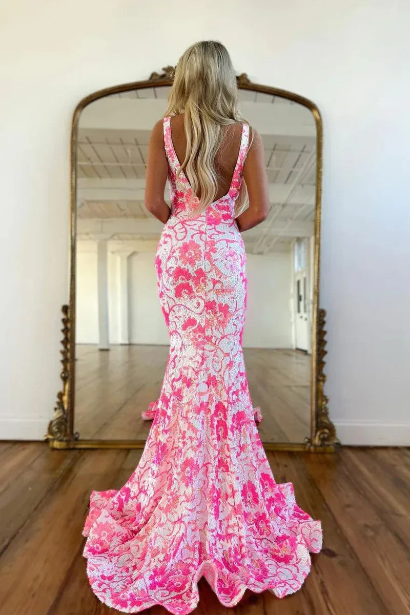 Floral Sequin Mermaid Wide Strap V Low Back Train Prom Gown