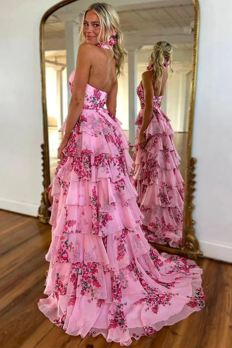 Floral Tiered Maxi Halter 3D Flower Keyhole Open Back Slit Train Formal Gown
