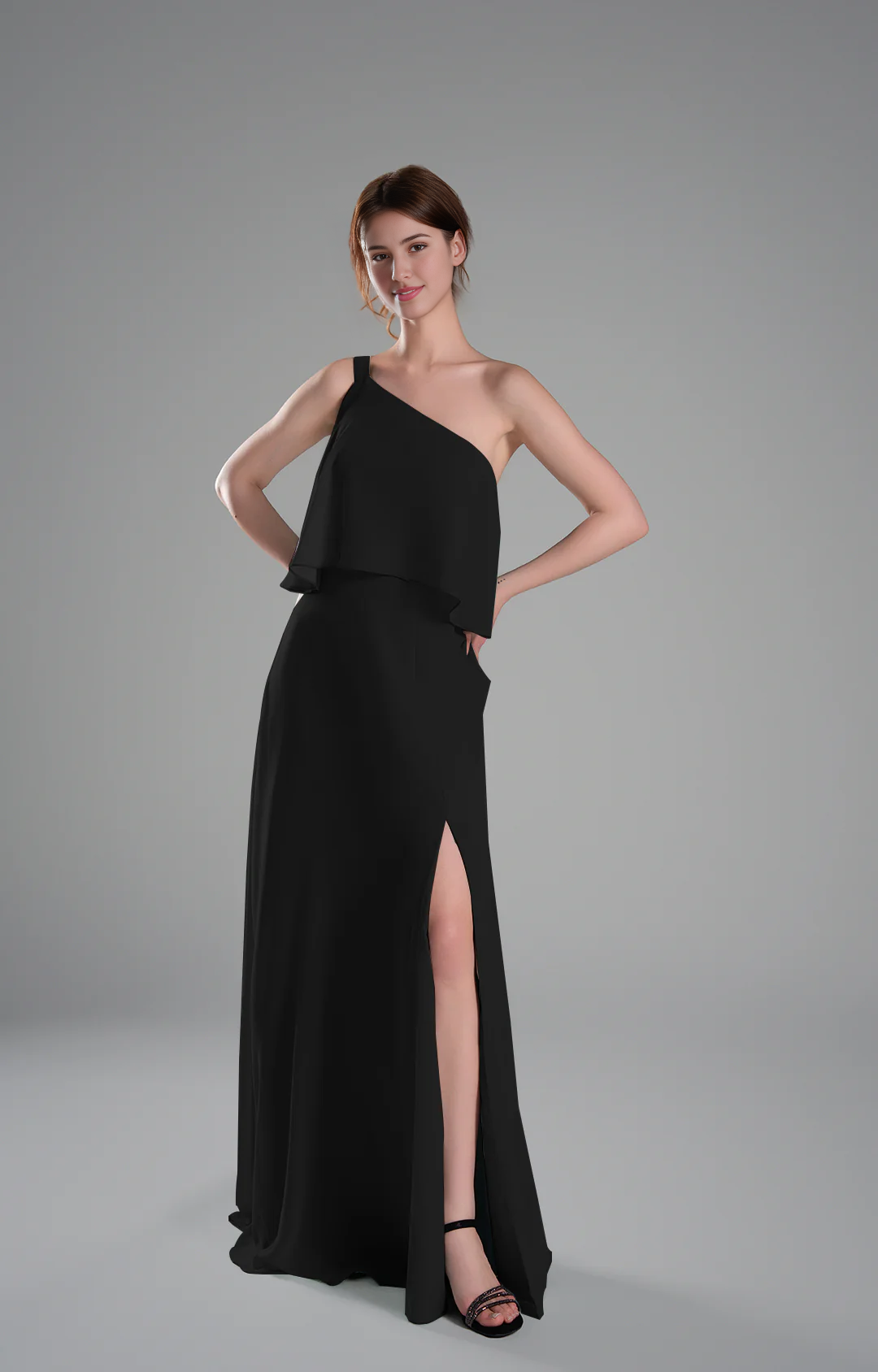 Flowy A-Line One-Shoulder Chiffon Ruffled Slit Maxi Bridesmaid Dress