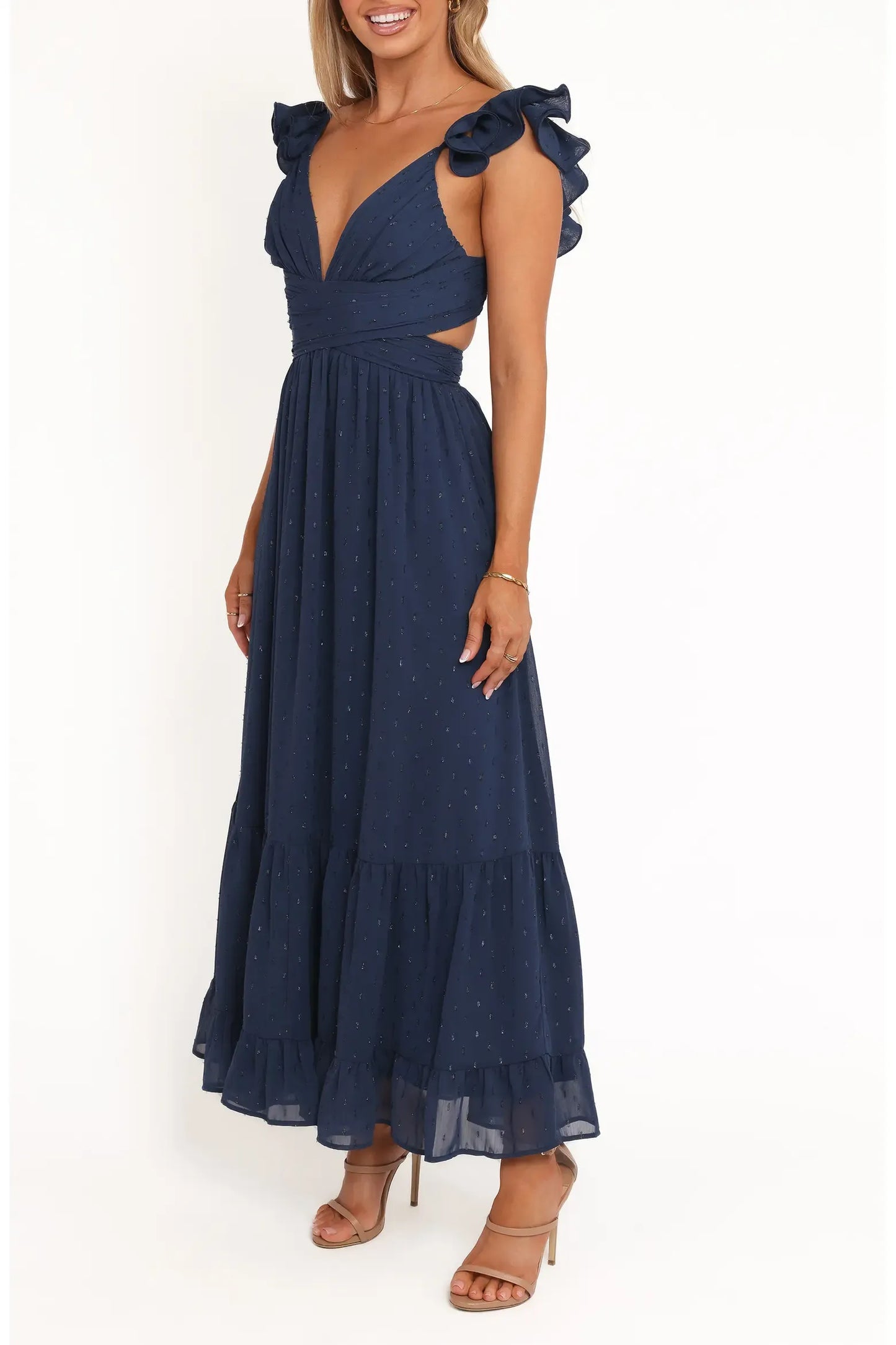 Flowy Tiered Midi Deep V Ruffle Strap Cross Wrap Waist Side Cutout Criss Cross Lace-Up Back Swiss Dot Chiffon Casual Formal Dress
