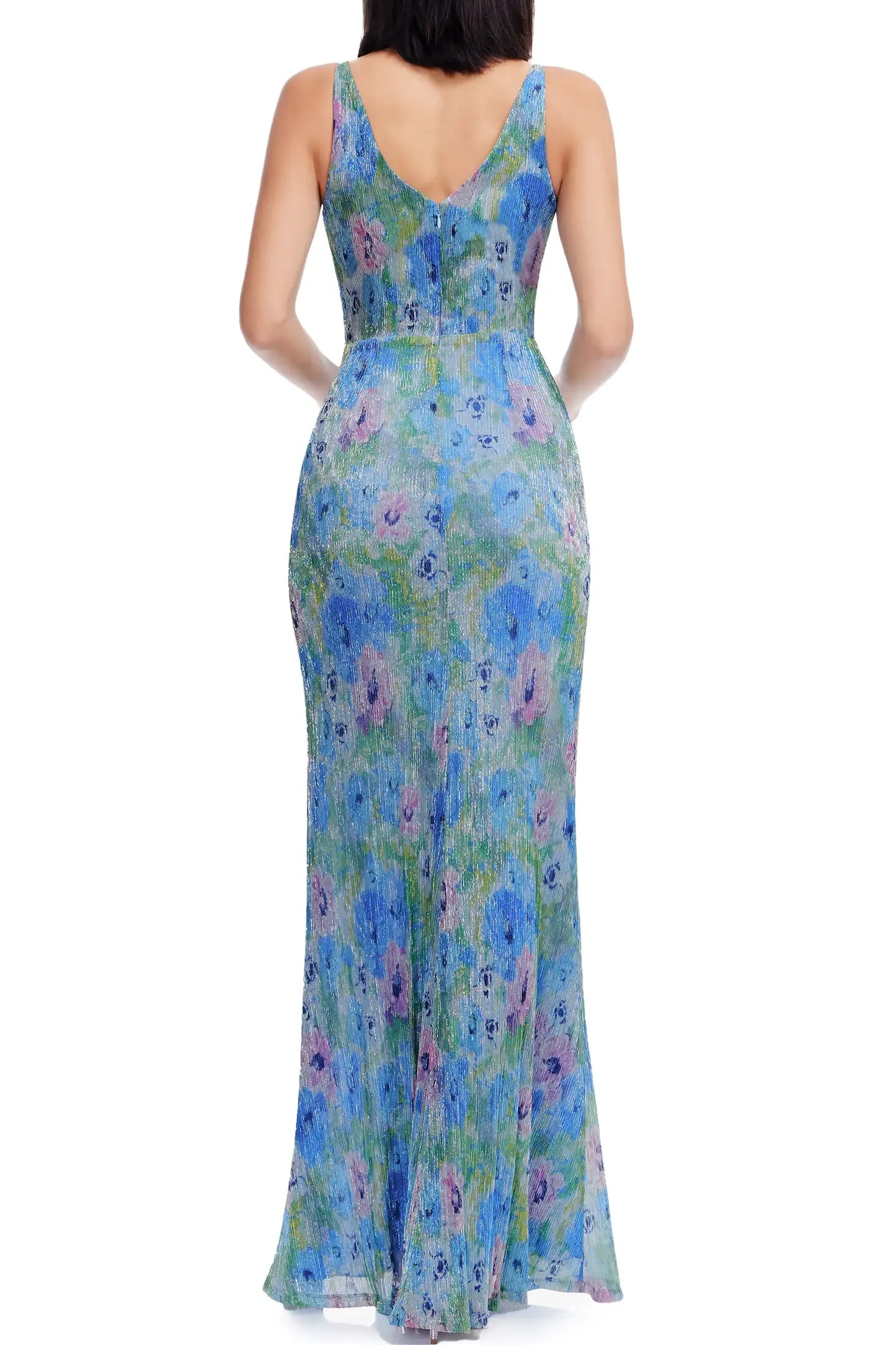 Glamorous Floor-Length Sheath Surplice V-Neck Sleeveless Metallic Floral Ruched Waist Side Slit Formal Evening Gown