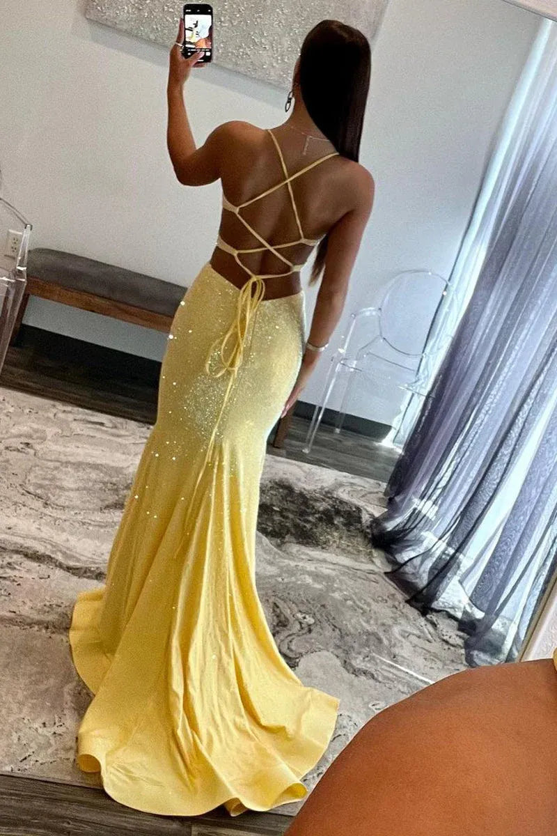 Glitter Jersey Mermaid Thin Strap V Cutout Crisscross Lace-Up Train Prom Gown