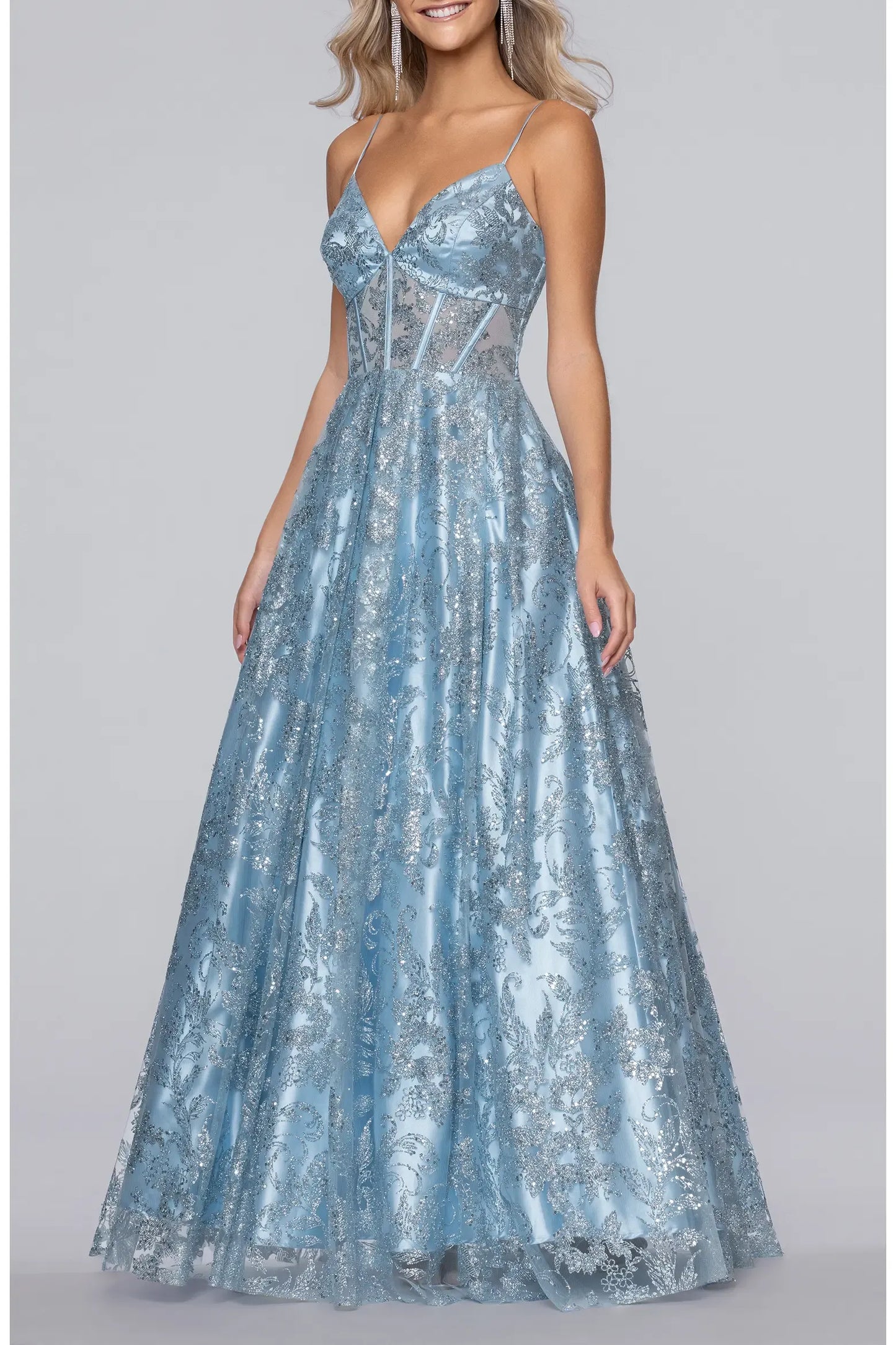 Glitter Lace Maxi V Thin Strap Lace Up A-line Prom Dress