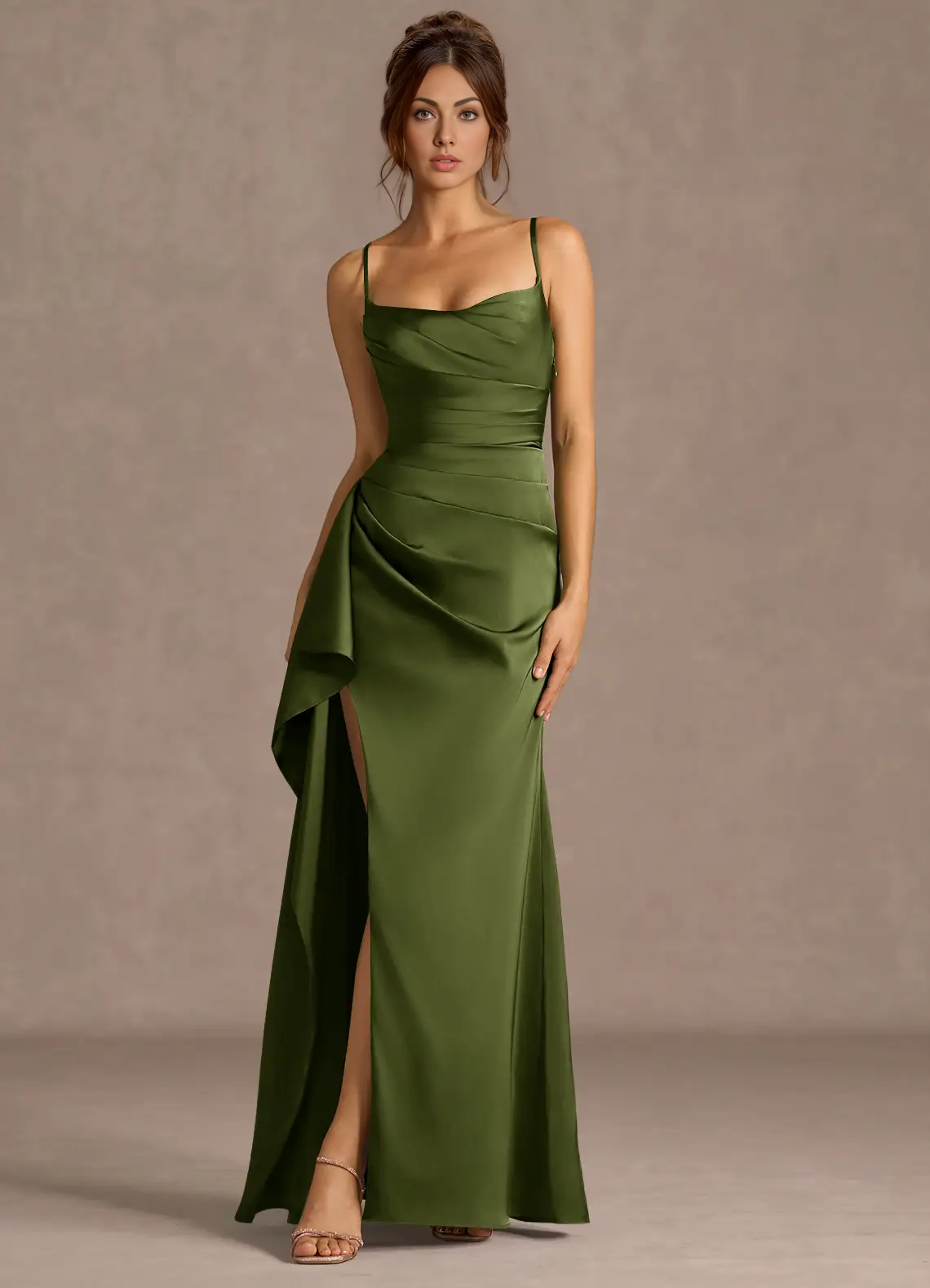 Mermaid Cowl Neck Sleeveless Satin Floor Length Ruched Slit Lace Up Formal Prom Dress