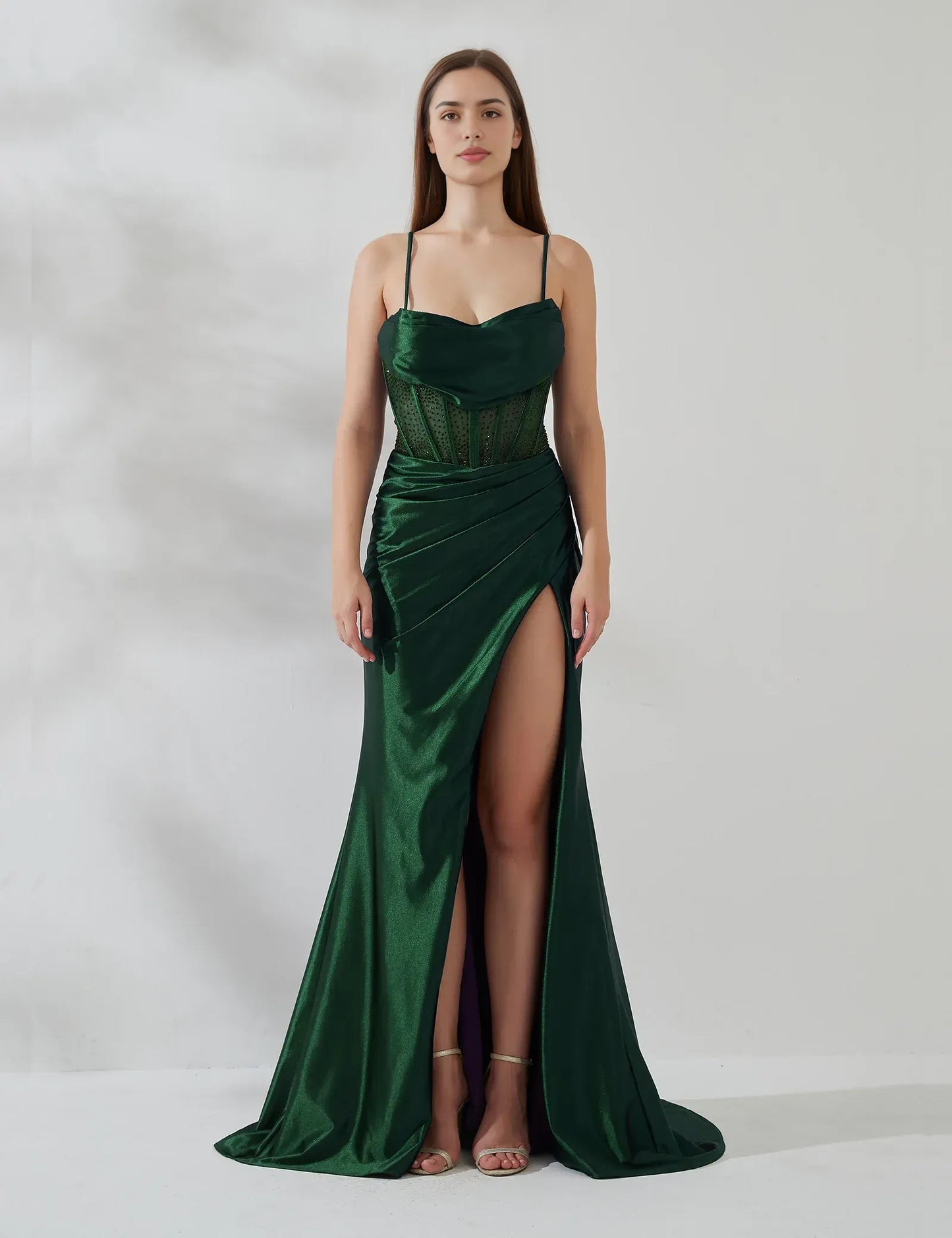 Mermaid Cowl Sleeveless Satin Floor Length Corset Slit Evening Gown