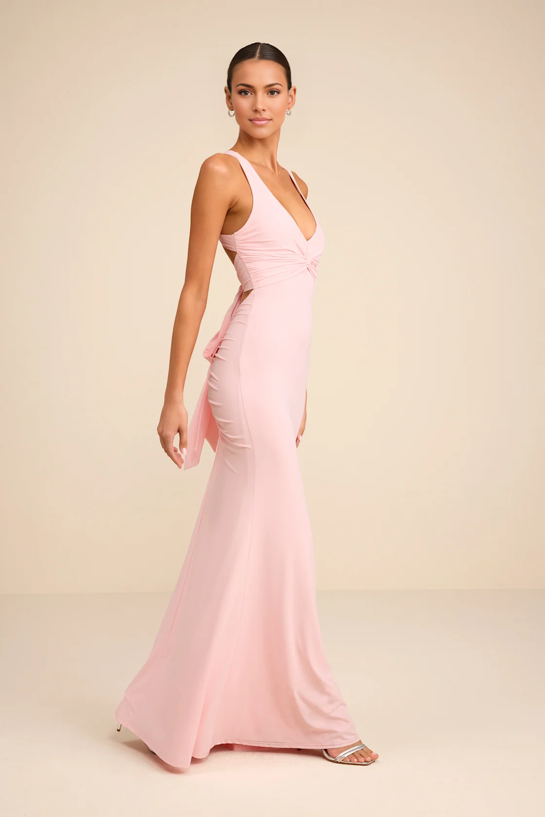 Mermaid Fit V-Neck Sleeveless Jersey Floor Length Twist Bow Back Prom Dress