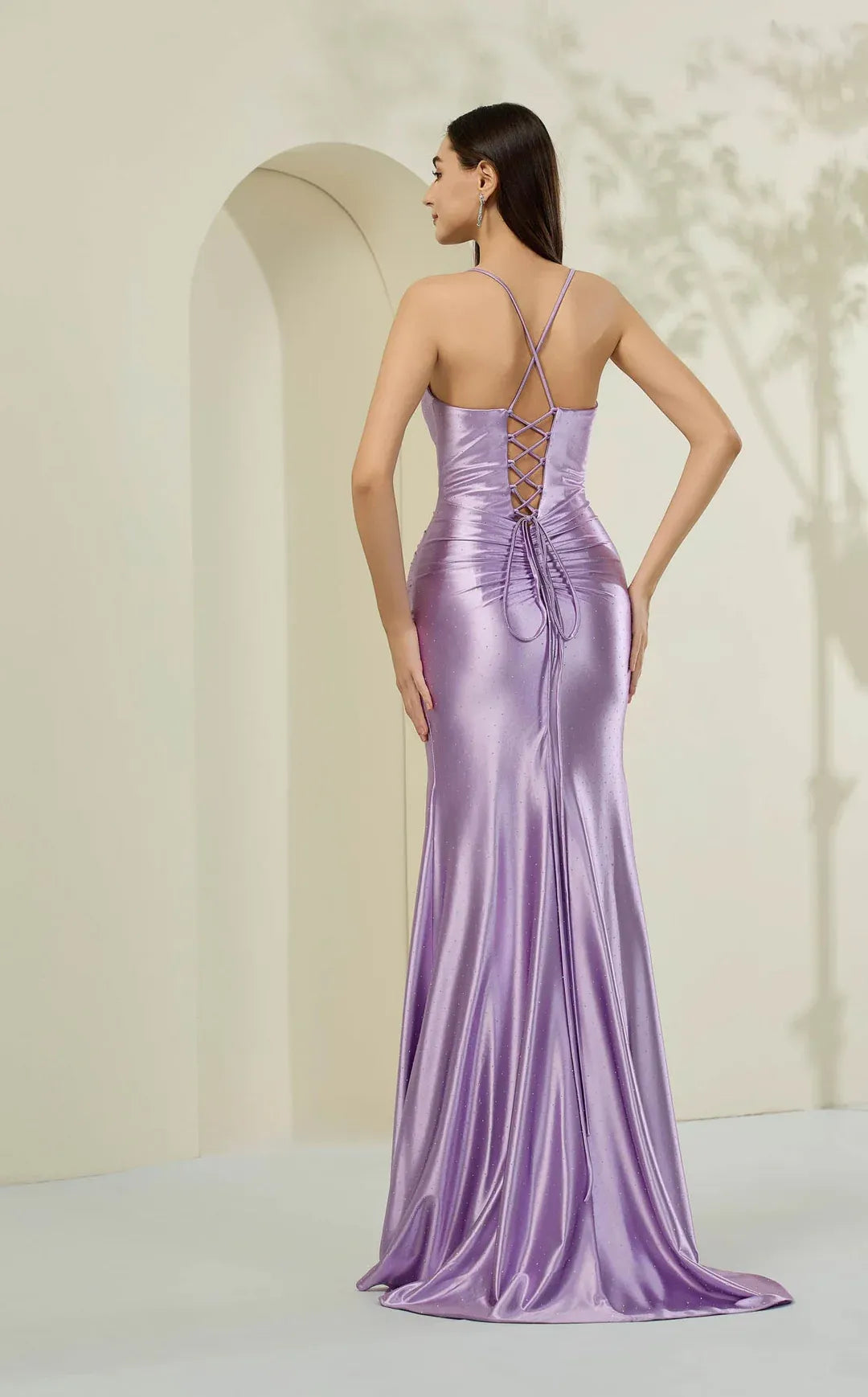 Mermaid Sweetheart Sleeveless Satin Floor-Length Glitter Lace-up Slit Evening Dress
