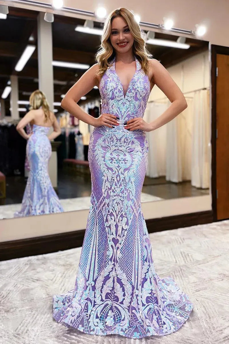 Sequin Lace Mermaid Halter Deep V Neck Sleeveless Open Back Floor Length Prom Evening Gown