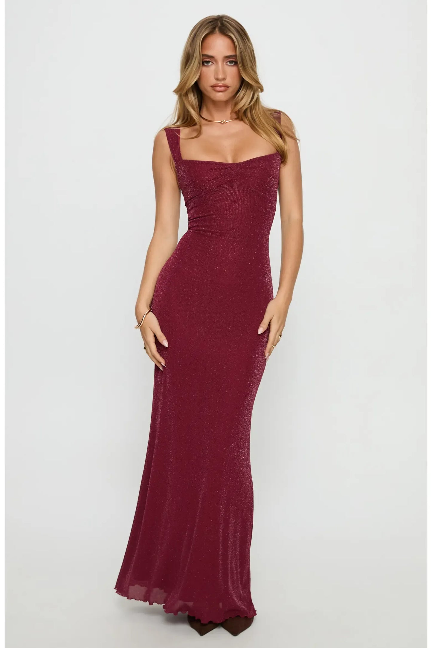 Shimmer Mermaid Maxi Square Strap Crisscross Lace Up Back Formal Dress