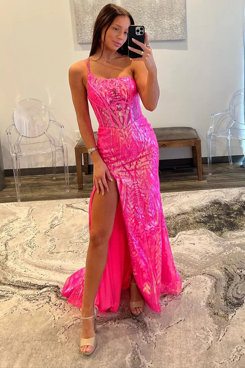 Shimmering Mermaid One Shoulder Sleeveless Sequin Lace Corset High Slit Floor Length Prom Evening Gown