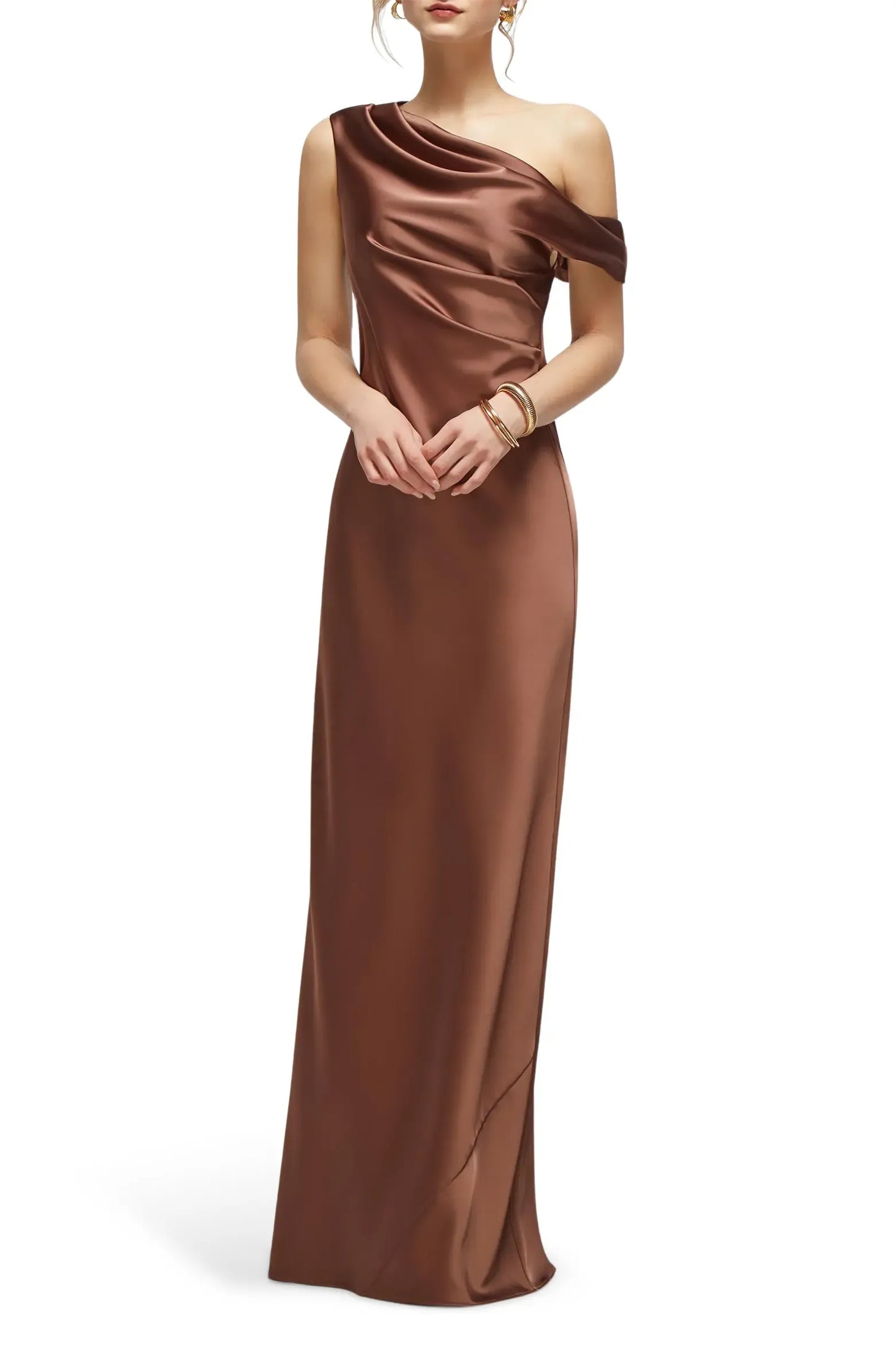 Sleek Column One Shoulder Off Sleeve Open Back Floor Evening Dress