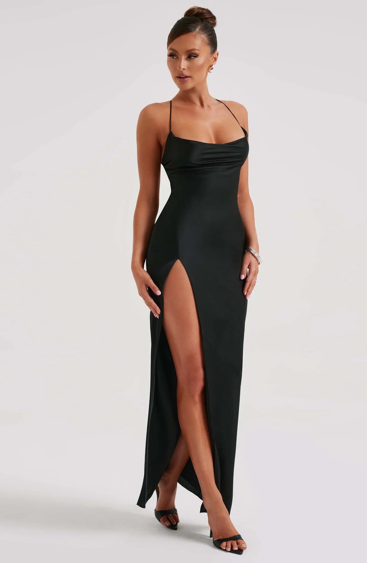 Sleeveless Backless Satin Maxi Prom Dress With High Slit And Lace-Up