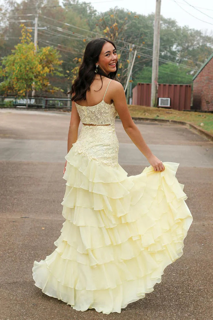 Spaghetti Strap Square Neck Lace Bodice Waist Cutout Tiered Ruffled Chiffon High Slit Floor Length Prom Evening Gown