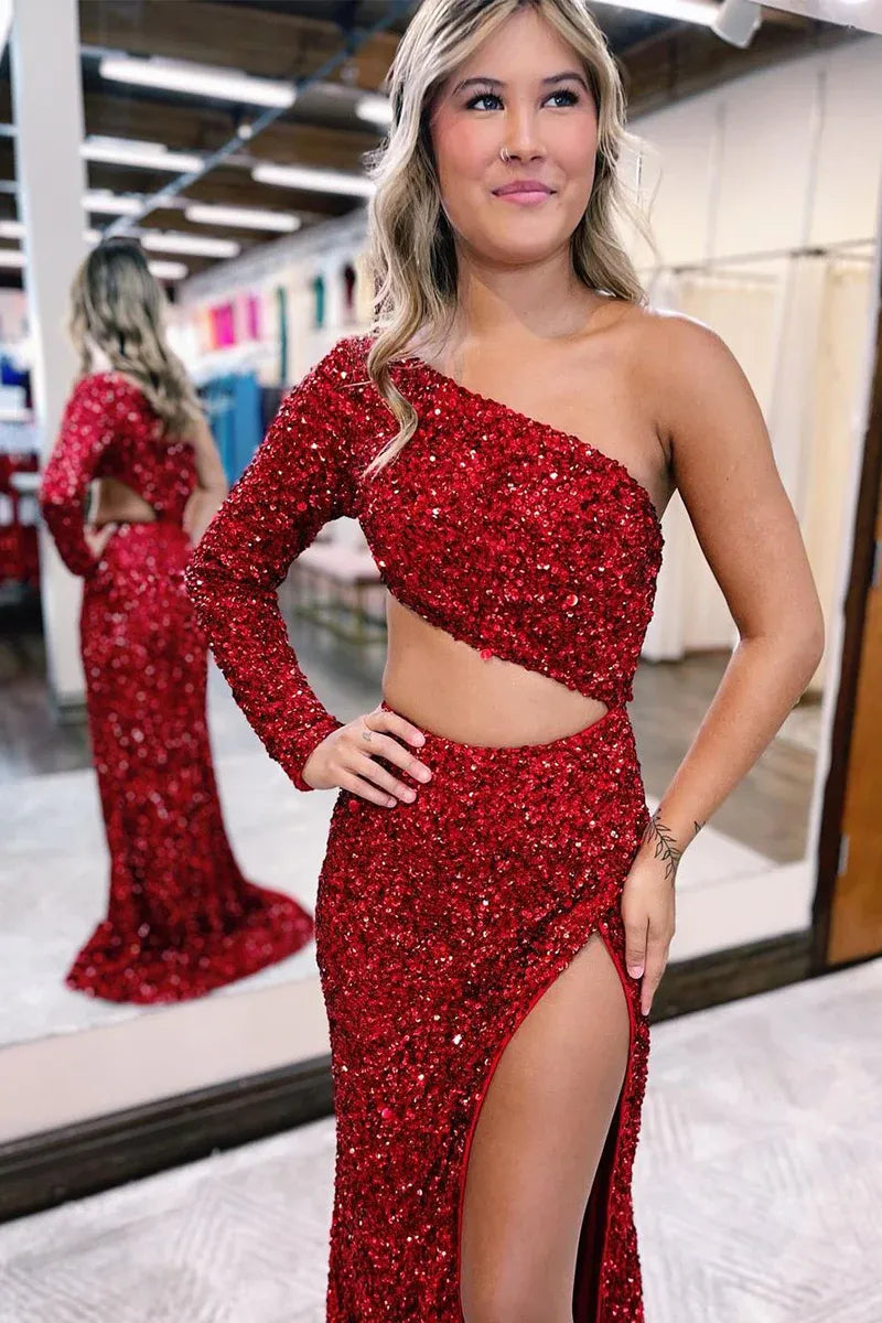 Sparkly Mermaid One Shoulder One Sleeve Cutout Floor Length Prom Gown