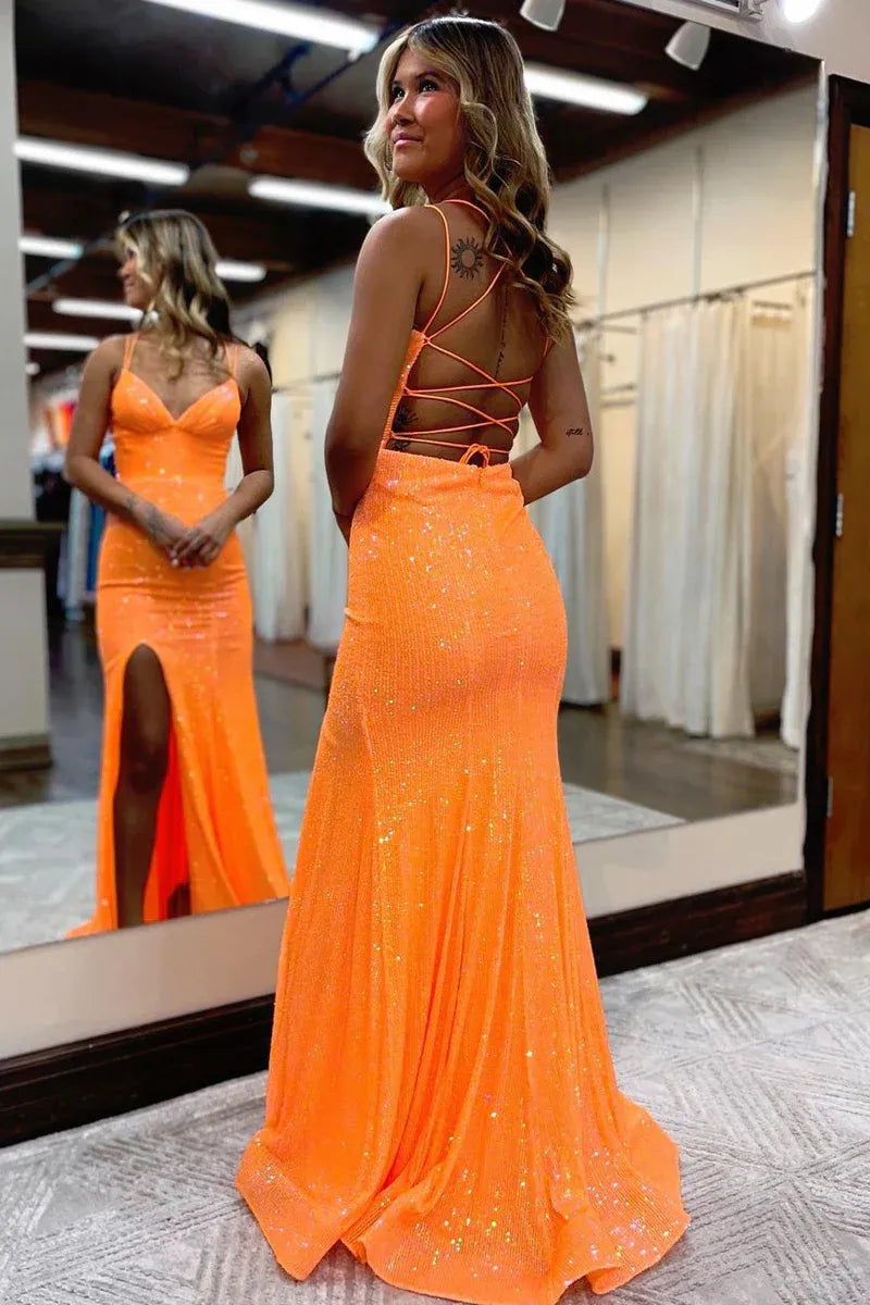Sparkly Mermaid V Spaghetti Straps Lace Up Back Floor Length Prom Gown