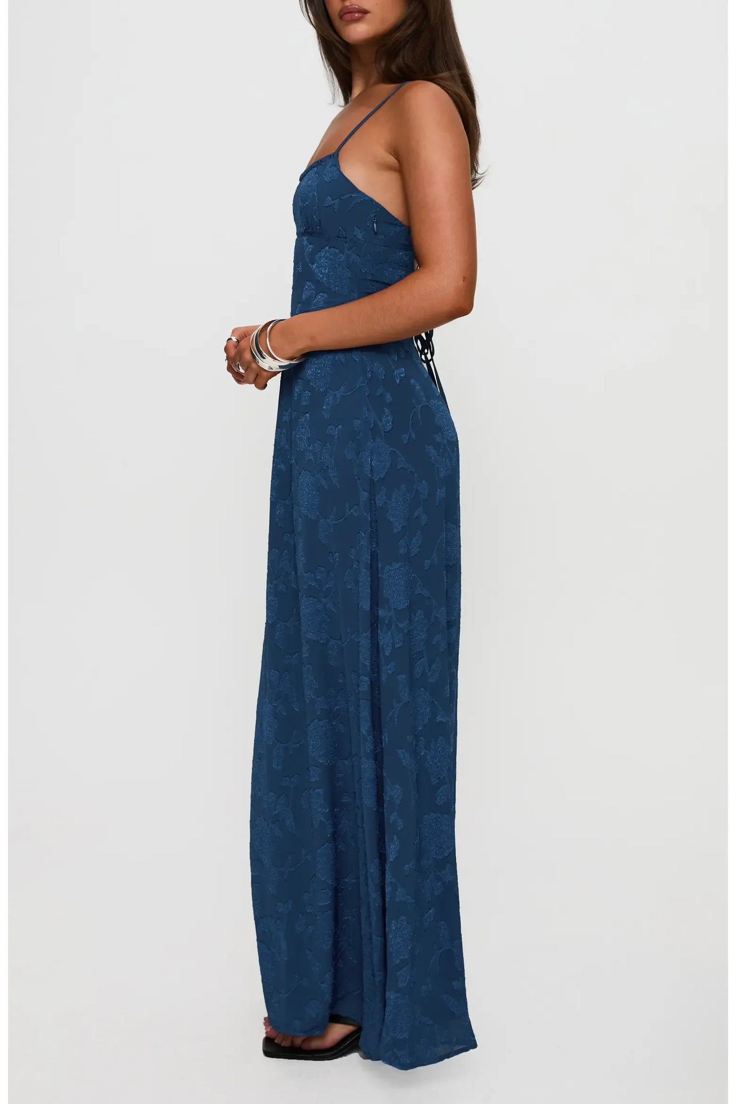 Textured Maxi Square Thin Strap Lace Up Back Prom Dress