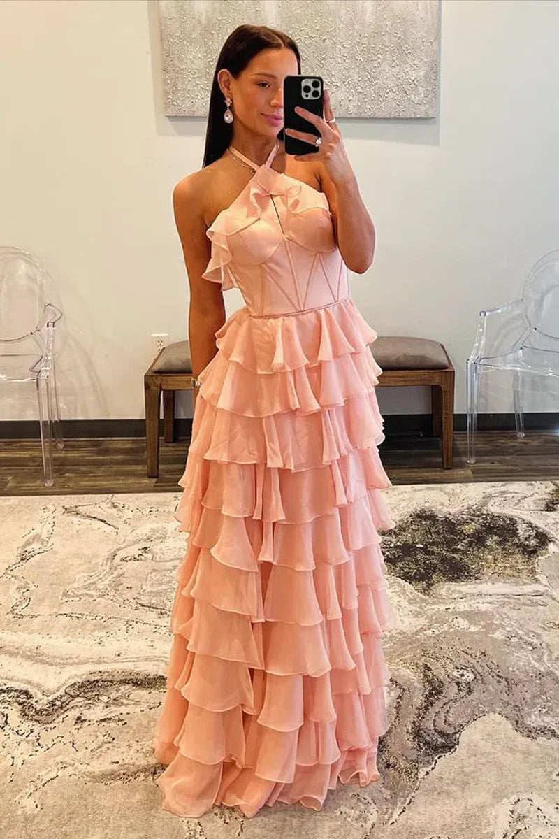 Tiered Ruffled Halter Neck Boned Corset Chiffon Floor Length Prom Evening Gown
