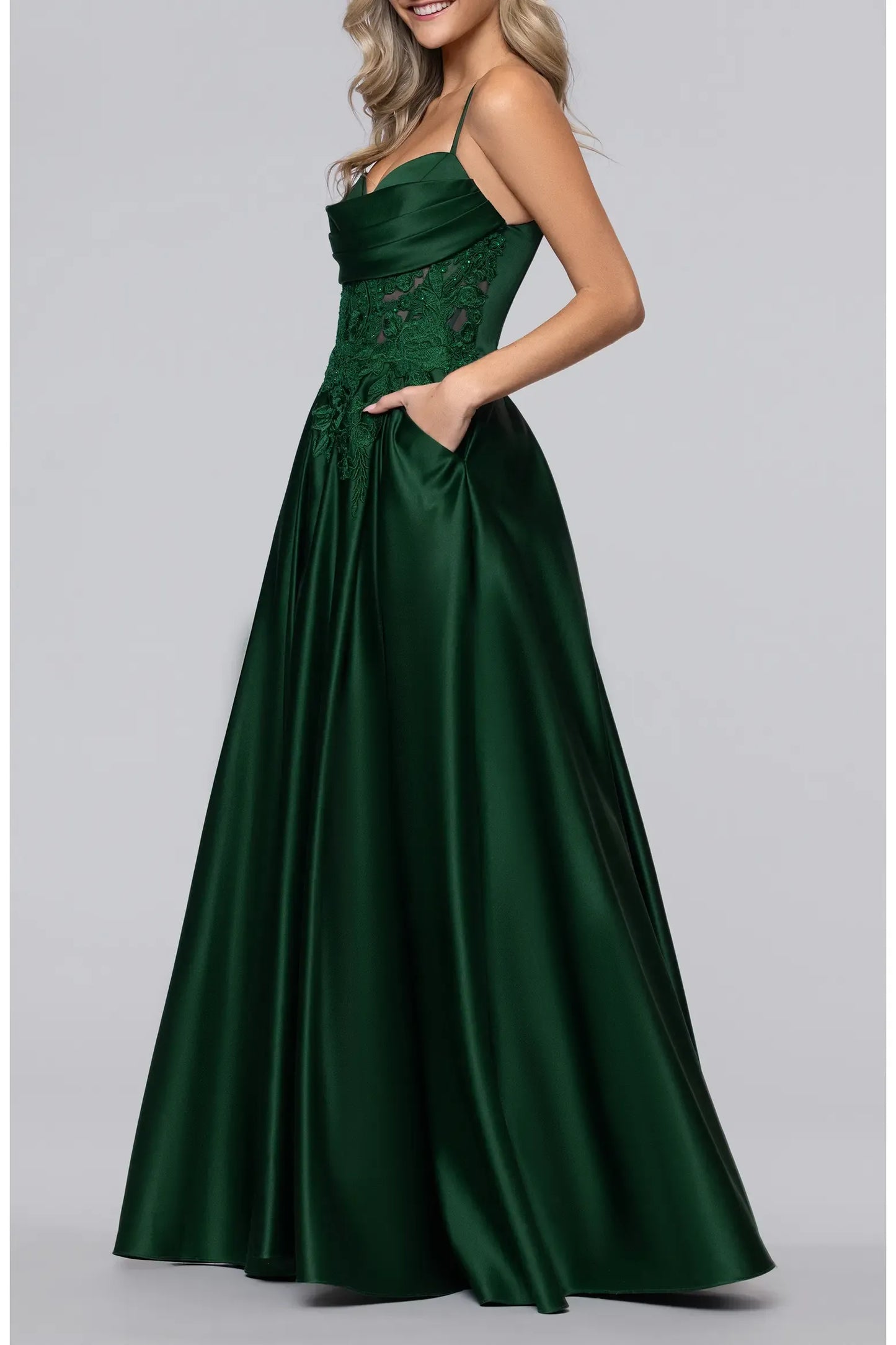 Voluminous A-line Fold V Spaghetti Strap Lace Up Pocket Floor Prom Dress