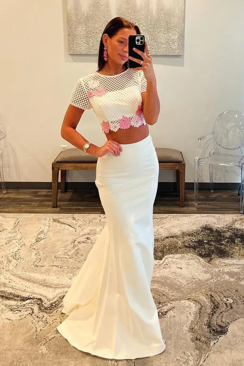 White Two Piece Mermaid Prom Dress with Pink Floral Lace Crop Top & Short Sleeves