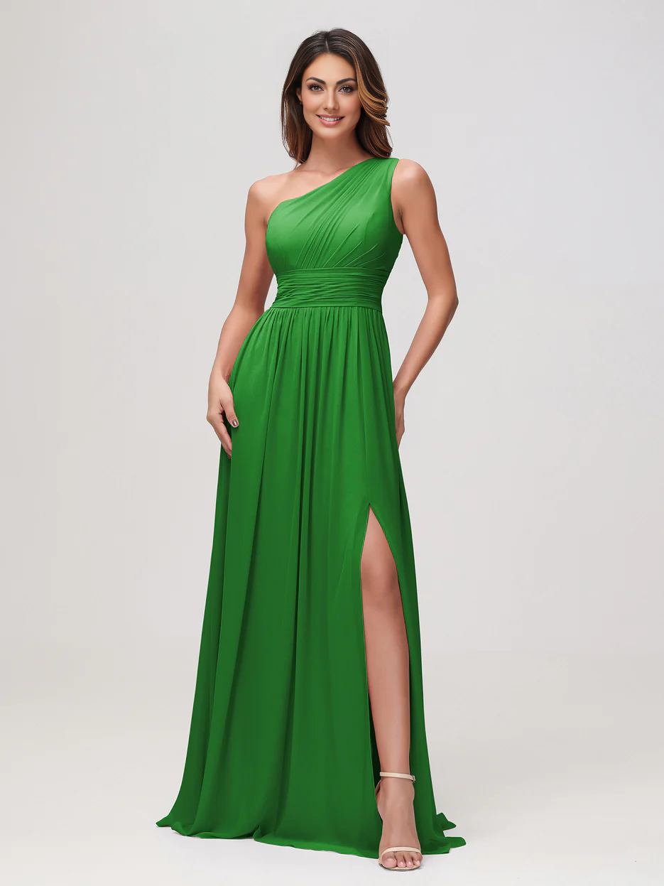Elegant A-Line One Shoulder Sleeveless Chiffon Maxi Bridesmaids Dress With Slit