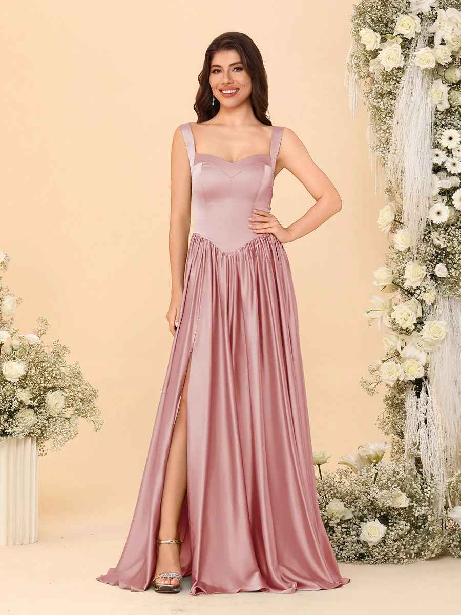 Elegant A-Line Sweetheart Sleeveless Satin Long Slit Lace-Up Bridesmaid Dressv
