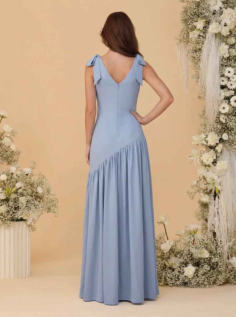 Elegant A-Line V-Neck Sleeveless Chiffon Long Bow-Strap Bridesmaid Dress