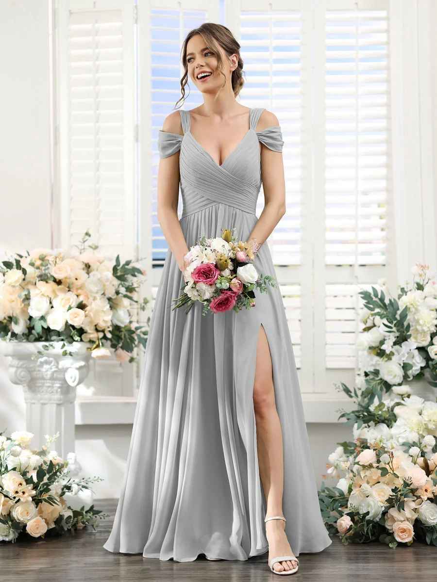 Flowy A-Line V-Neck Cold-Shoulder Chiffon Long Slit Bridesmaid Dress