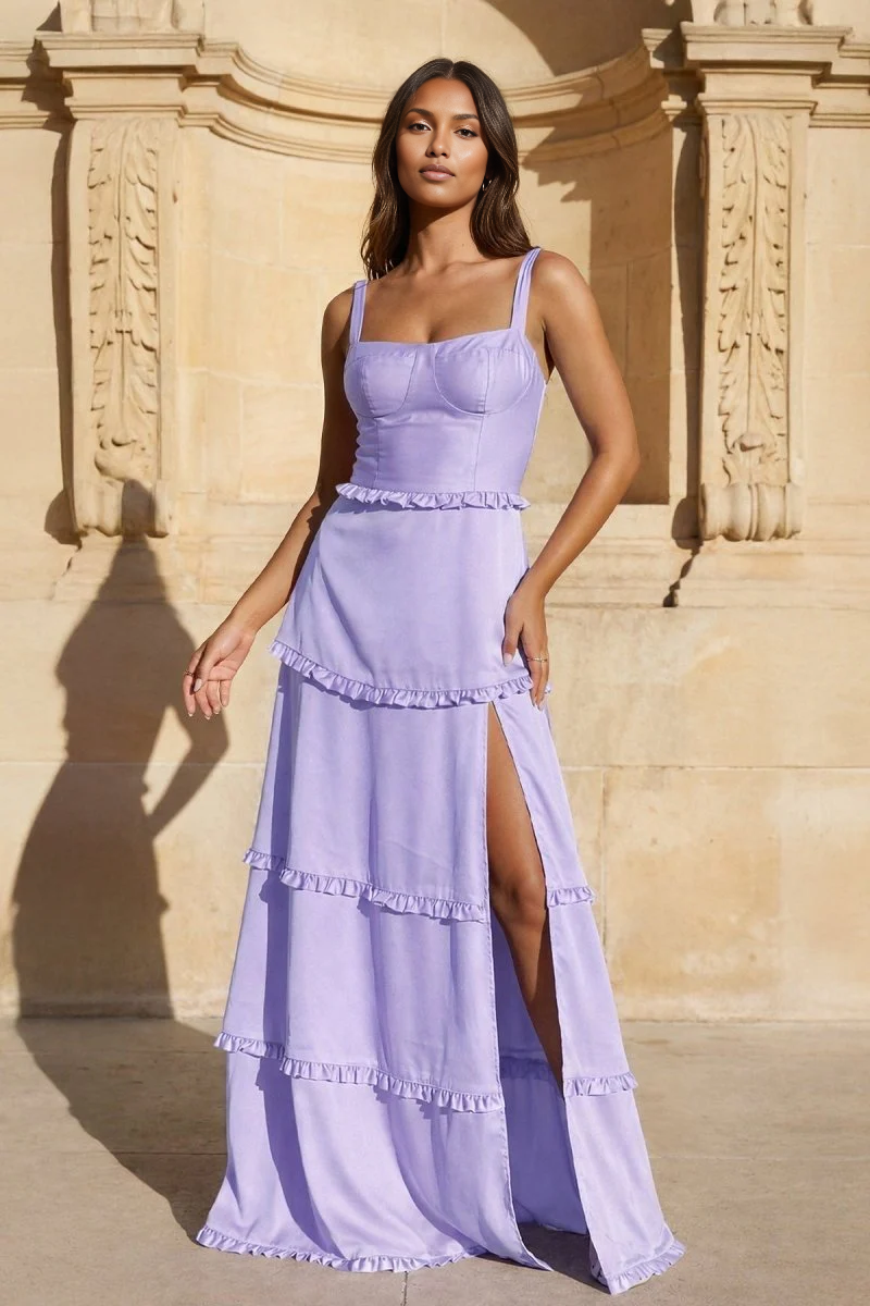 Romantic Tiered Square Neck Sleeveless Satin Maxi Wedding Guest Dress With Slit