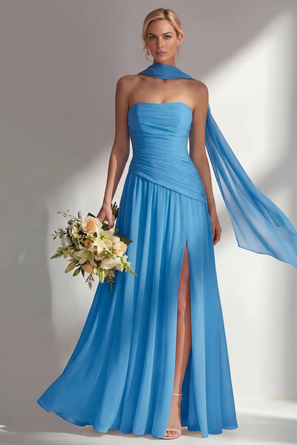 Elegant A-line Strapless Sleeveless Chiffon Floor-Length Ruched Bridesmaid Dress