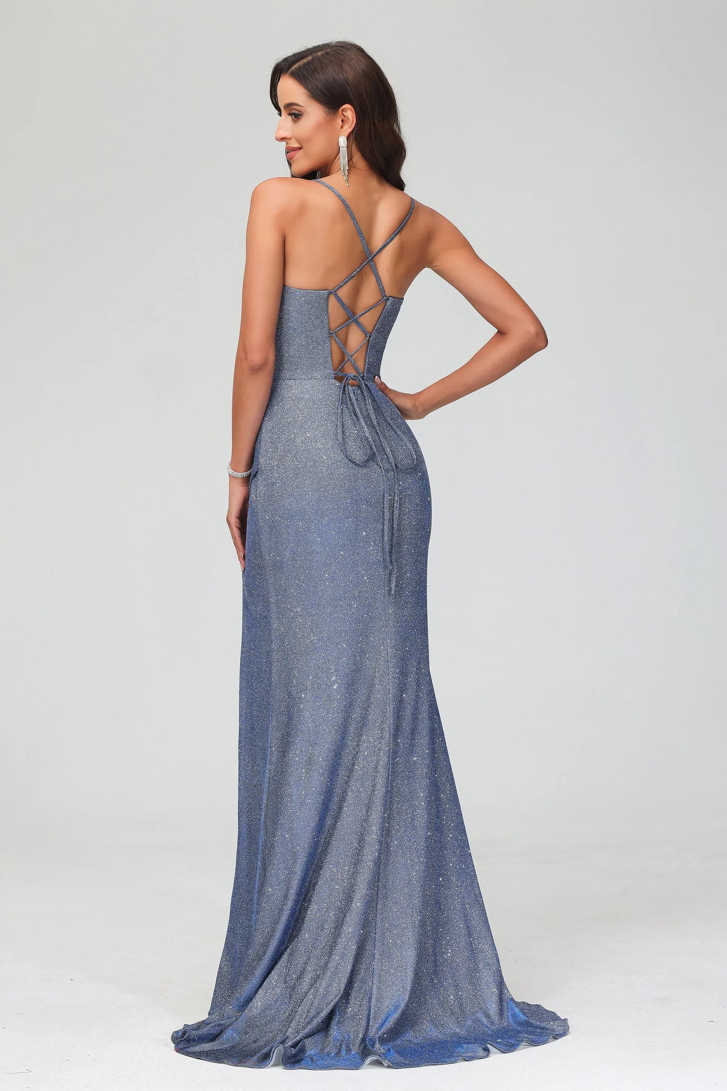 Glamorous Mermaid Sweetheart Spaghetti-Strap Glitter Floor-Length Corset Slit Prom Dress