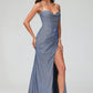 Glamorous Mermaid Sweetheart Spaghetti-Strap Glitter Floor-Length Corset Slit Prom Dress